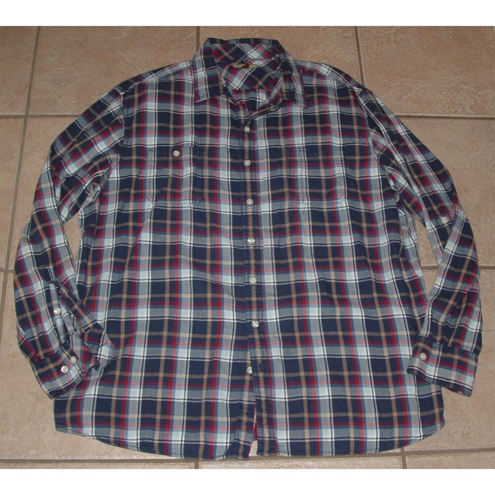 Mens Sz XXL Casual or Dress Blue Plaid Button Up Long Roll Tab Sleeve Shirt
